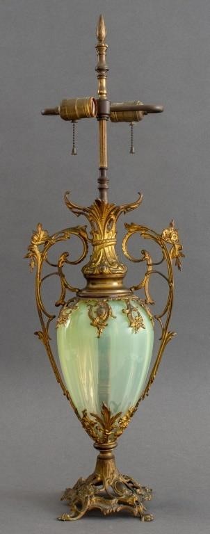 Victorian Gilt Metal Mounted Green Glass Vase Lamp