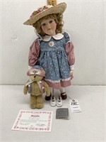 Porcelain "Jessie “ Doll W/ Straw Hat & Bear