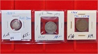 1839-O Half Dime, 1897 Nickel and 1864 2¢, F+