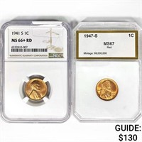 (2) Wheat Cents NGC,PCI MSRD, Red 1941-1947