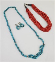 Sterling Silver & Turquoise Set, Coral Necklace.