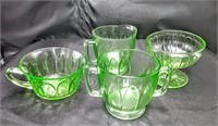 Green Depression Glass Cups, Creamer & Sugar