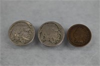 1906 Indian Head Penny, 2 Buffalo Nickels