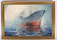 Vintage Framed Oil Painting of Liberty Ship in Fog