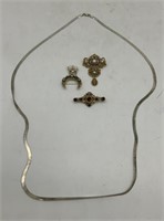 Costume Jewelry, (2) Sterling Necklaces, Brooches