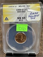 1956-D RARE DOUBLED MS65 ANACS GRADED WHEAT CENT