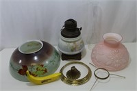 Vintage Oil Lamp, Glass Shades, Chimney & Parts