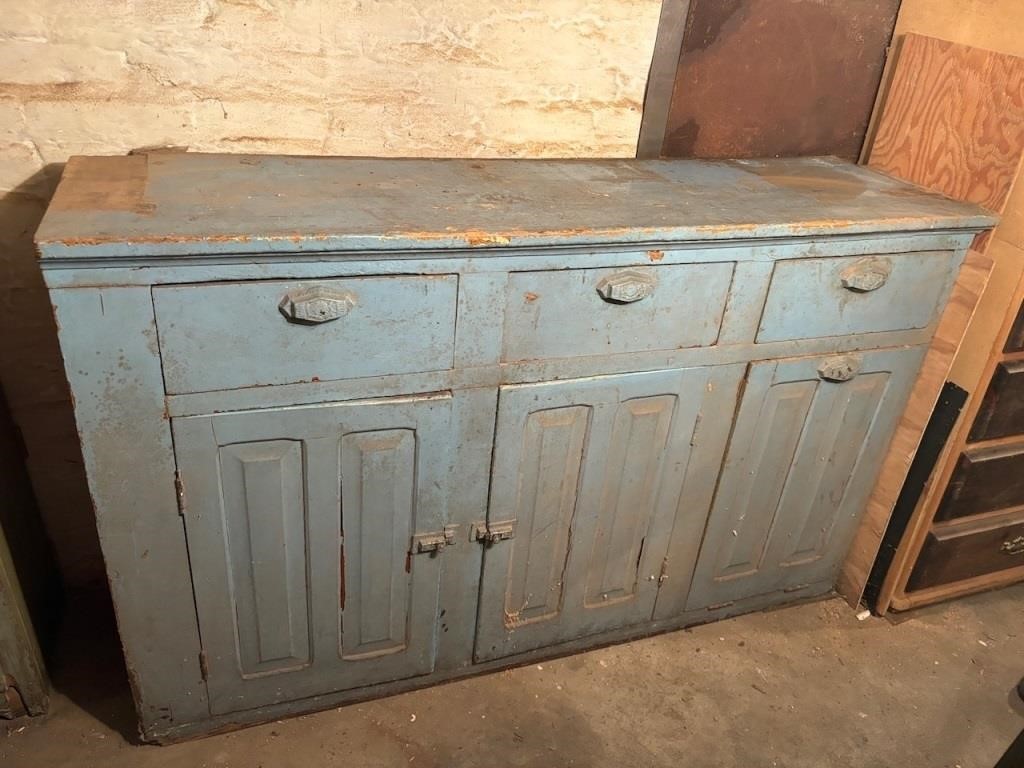 Very Old Painted Blue Kitchen Cabinet w/ Bin