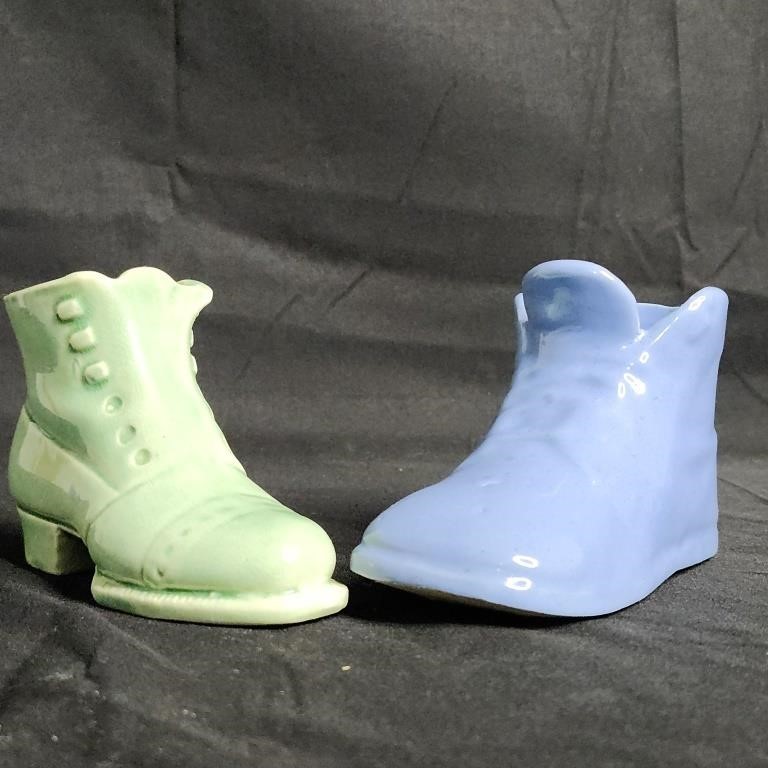 2 Vintage Ceramic Shoe Boots 1 blue, 1 green
