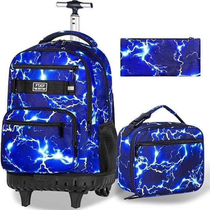 *Rolling Backpack Wheeled Bookbag w Lunch Box Blue