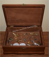 (S1) Walnut Box w/ Men's Jewelry, Pins & More