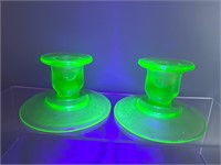 Green uranium glass candle holders