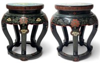 Pr. of Vintage Ebonized Cloisonne Top Garden Seats