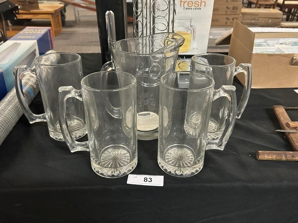 Anchor Hocking Pitcher + Four Mugs