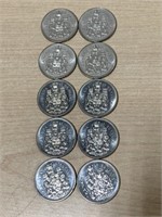 1968 Canadian Half-Dollar coins (lot of 10)