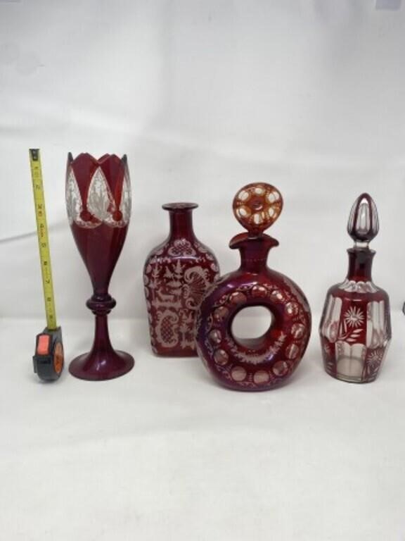 4 Antique Cut Overlay Cranberry Bohemian Decanters