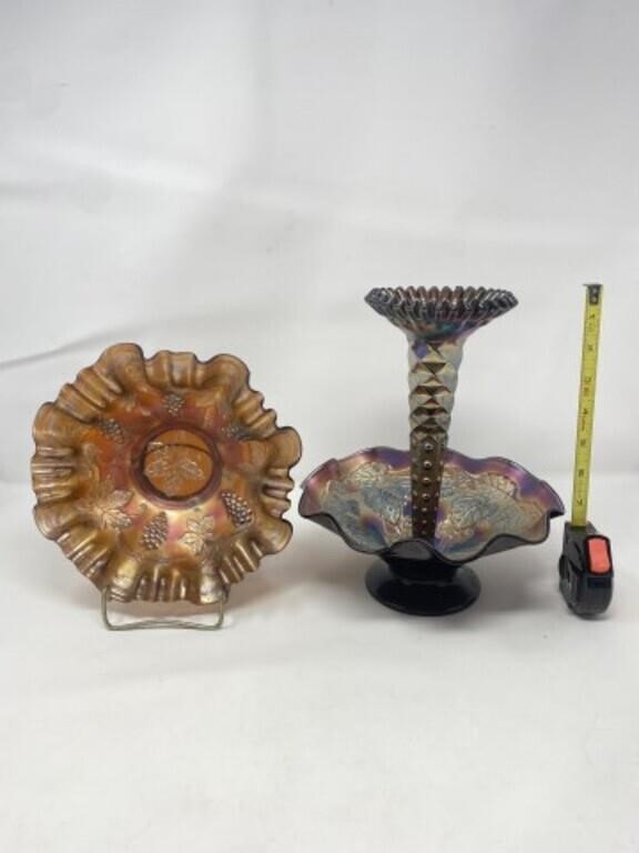 HTF Antique Carnival Glass 2 Piece Epergne