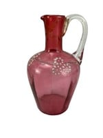 Hand blown painted  cranberry glass pitcher