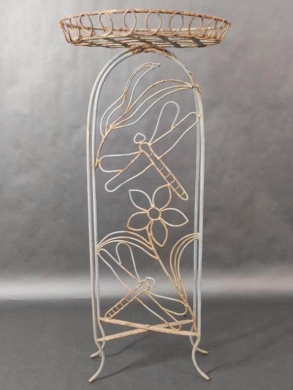 Iron Plant Stand with Floral and Dragonfly Designs