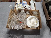 Misc glass pcs, compote, candle stick holder,