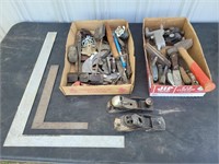 Assorted tools- planes, scrapers, mallet, square