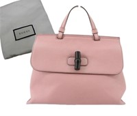 GUCCI GG Pink Leather Bamboo Hand Bag