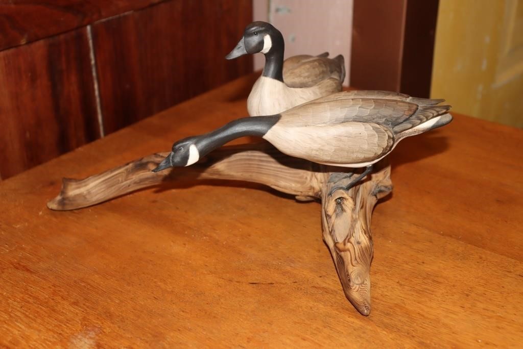 E Muehlmatt carved miniature Canada Geese mounted