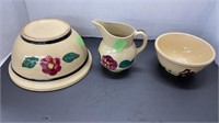 WATT oven ware pottery mixing bowls and pitcher,