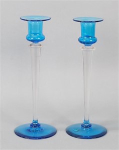 Pair of Steuben Celeste Blue Candlesticks