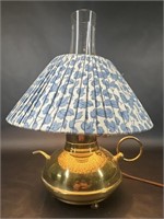 Vintage Brass Oil Lamp Blue Floral Linen Lampshade