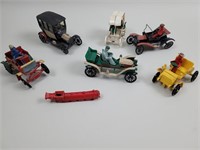 Vintage plastic toy cars and train shaped whistle