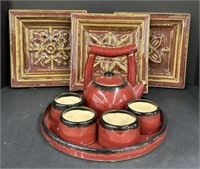 (M) Asian Pottery Tea Set & Wallhangings