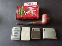 Vintage lighters, pipe and pipe tobacco tin