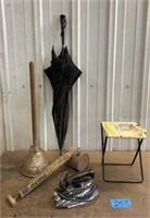 Antiques: iron, bug sprayer, Felco stand/tray,