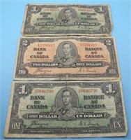 1931 (2) $1 & (1) $2 CANADIAN BILLS