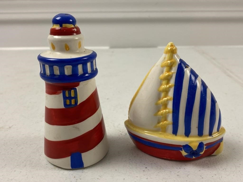 Ceramic LIGHTHOUSE & BOAT SALT/PEPPER SHAKERS,