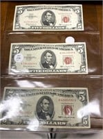 THREE 1953 RED SEAL $5.00 BILLS