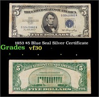 1953 $5 Blue Seal Silver Certificate Grades vf++