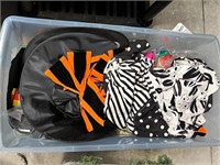 Bin of Halloween Decor costumes & Witches Hats