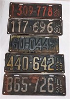 Five Antique License Plates