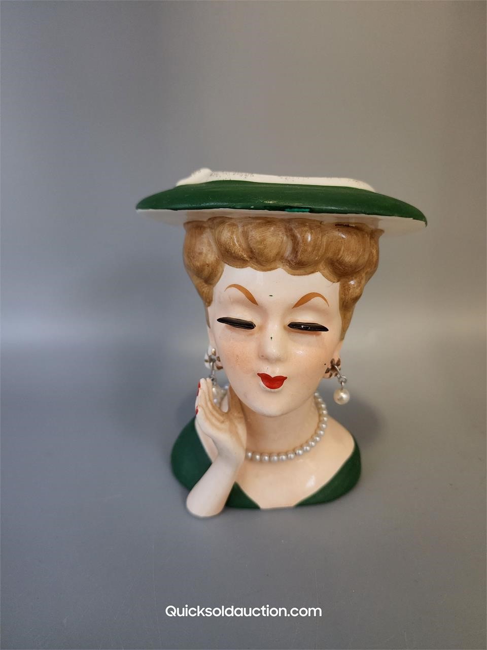 Green Hat Lady Head Vase 4 3/4" H.
