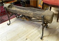 Carved Oak Log Feeder Trough on Iron Stand.