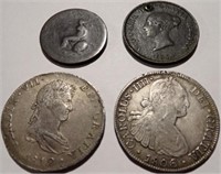 2 EARLY SPANISH COINS + 2 OTHER EARLY COINS