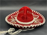 Small Red Plush Felt Embroidered Mexican Sombrero
