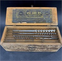 Auger drill bit set in original wood box,