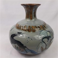 Large gourd shape hand painted clay spittoon