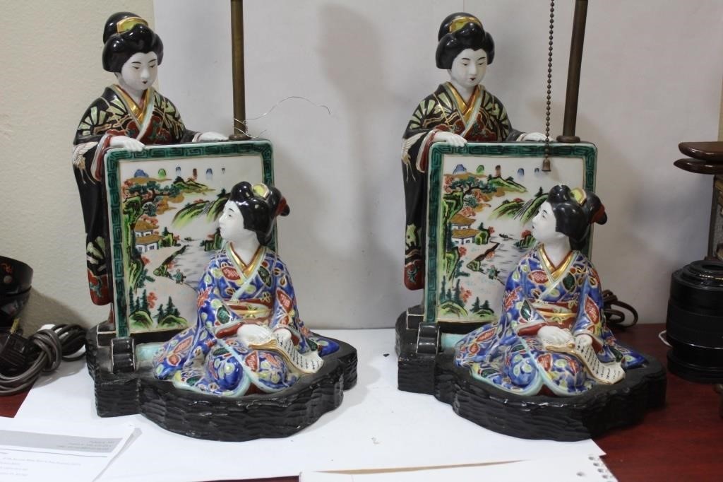 A Pair of Japanese Kutani Geisha Girl Lamps