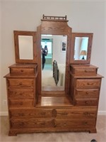 Solid Oak 12 Drawer Vanity Dresser Bevelled Mirror