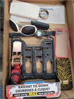 Ratchet strap, phone covers, sunglasses