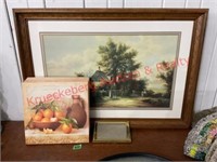 Vintage Country Scene Print & (4) Decorative